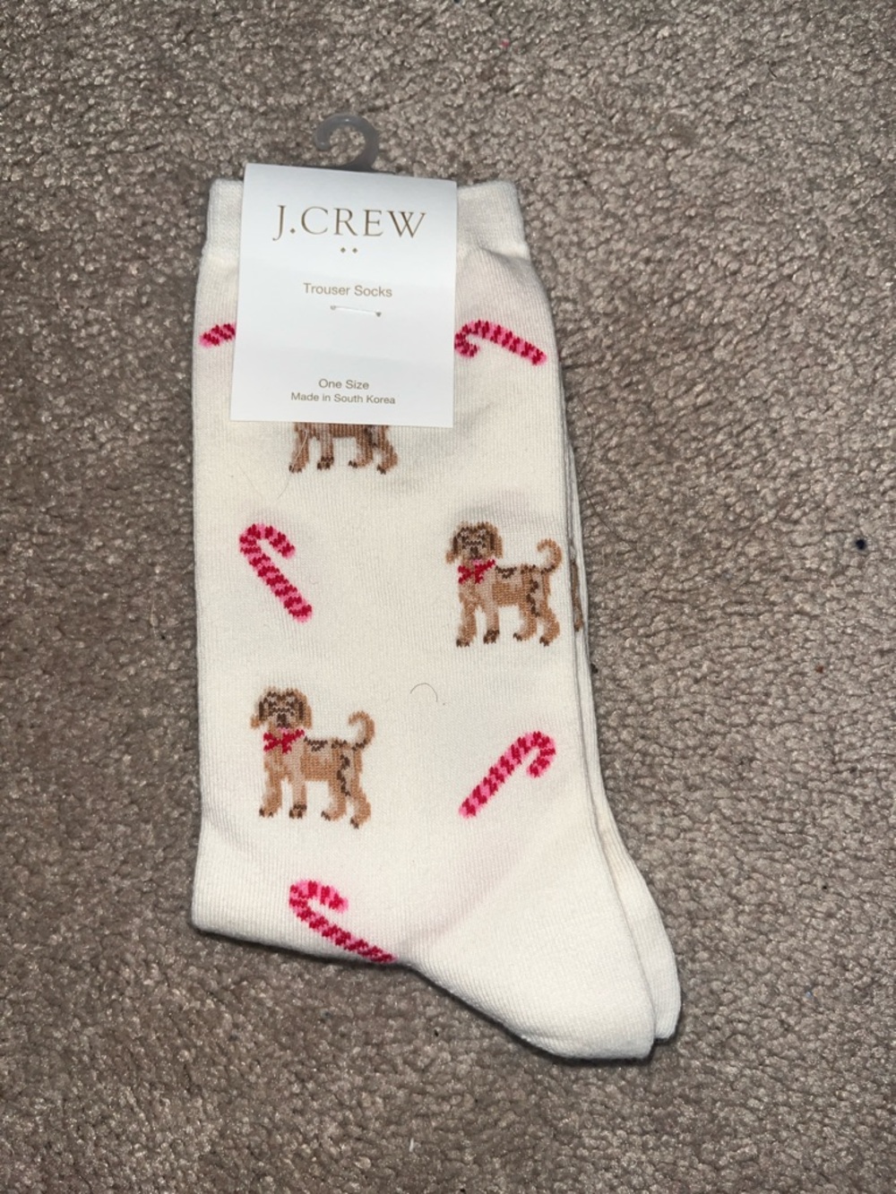 J. Crew Cream Socks with Dog and Candy Cane Pattern